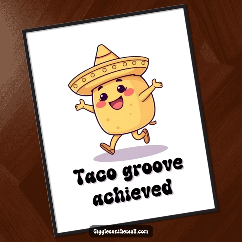 Funny poster featuring a happy taco wearing a tiny sombrero, moonwalking with disco flair, perfect for culinary art.