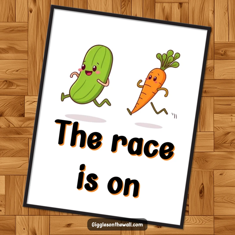 Funny poster, a fast pickle races a determined carrot, energetic vegetable art, humorous wall decor.