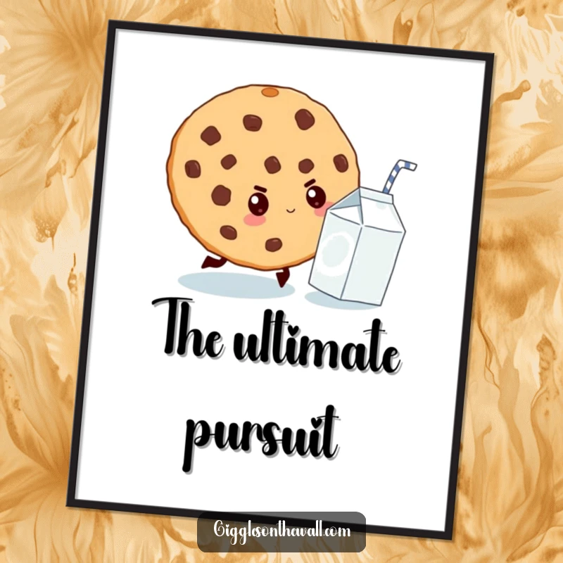Funny poster depicting a giant cookie with a determined look chasing a small milk carton, creating a humorous kitchen scene.