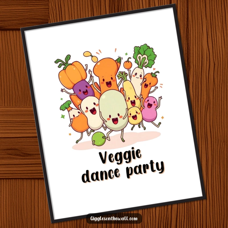 Funny Veggie Dance Poster, artfully depicting animated vegetables in a chaotic synchronized dance, perfect for kitchen decor.
