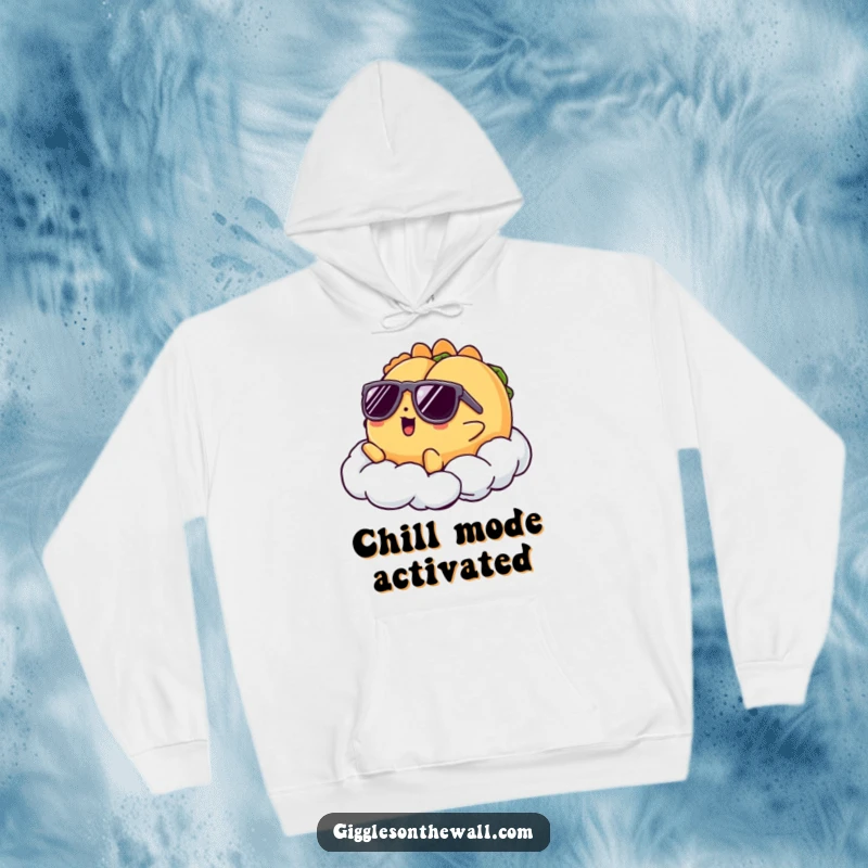 Funny hoodie with a taco character wearing sunglasses, lounging dramatically on a cloud, offering a hilarious and cozy casual look.
