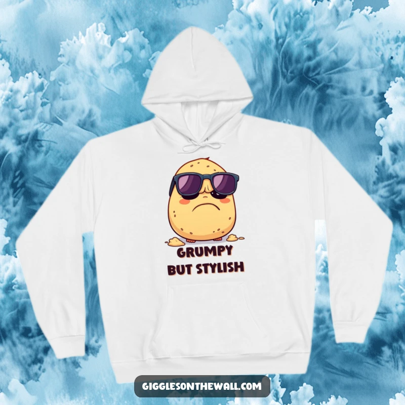 Funny Grumpy Potato Hoodie: A cozy hoodie depicting a grumpy potato with sunglasses trying to escape being mashed, offering humorous comfort and protest.