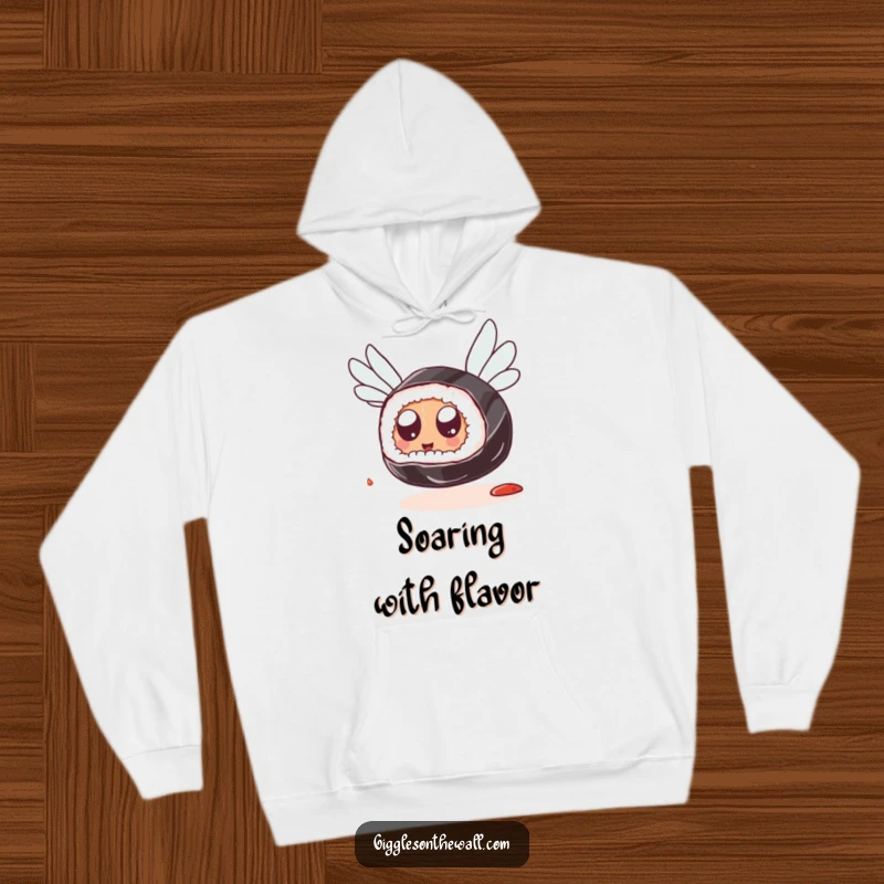 Funny Sushi Flying Hoodie: A cozy hoodie showing a sushi piece with googly eyes attempting flight with soy sauce packets, offering humorous comfort.