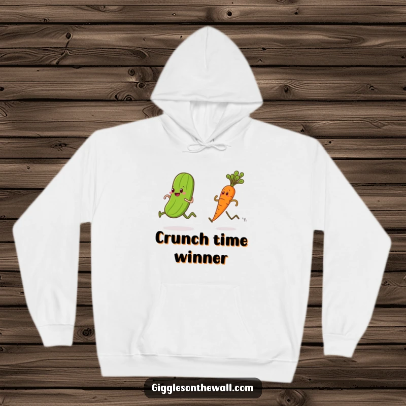 Funny hoodie, pickle sprinting past a carrot in a race, warm and humorous apparel design.
