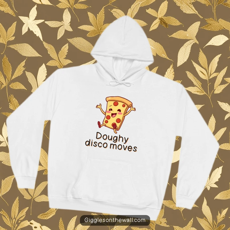Funny pizza slice hoodie with legs dancing enthusiastically, clumsy yet joyful design for cozy wear.