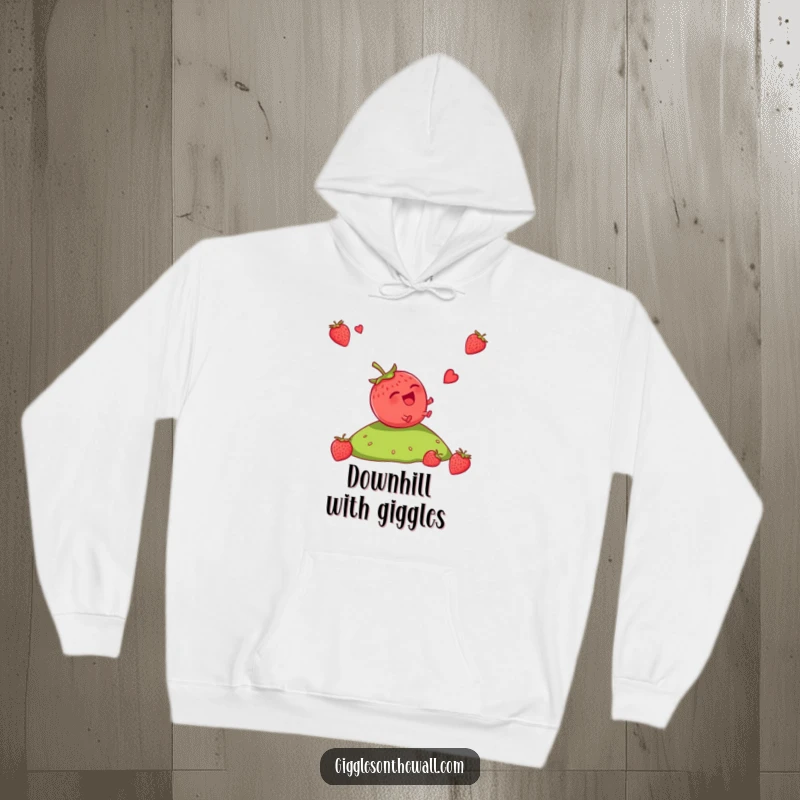 Funny Strawberry Hoodie: A giggling strawberry rolling down a hill with abandon, conveying uninhibited joy and a sense of fun.