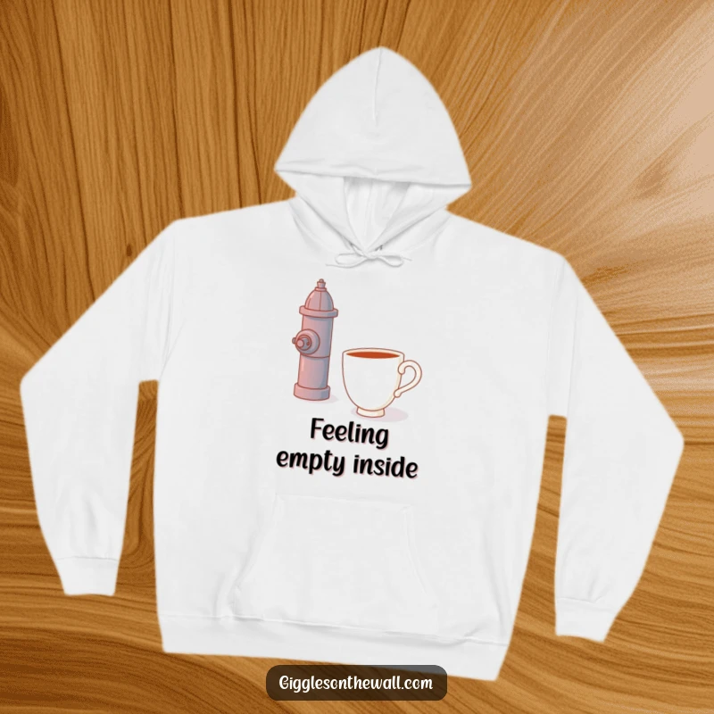 Funny hoodie, a cute teacup embracing a fire hydrant, warm and cozy, unique humorous design.