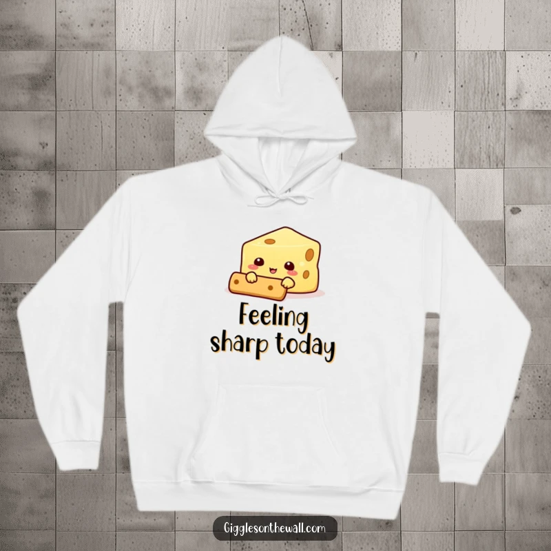Funny hoodie showcasing a cheese character hilariously attempting to hide behind a cracker, a cozy and comical food-themed design.
