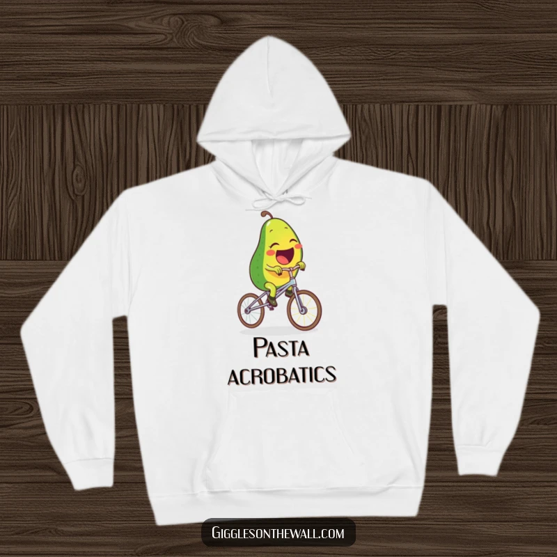 Funny hoodie design featuring a laughing avocado character skillfully balancing on a spaghetti unicycle, radiating pure comedic joy and absurdity.