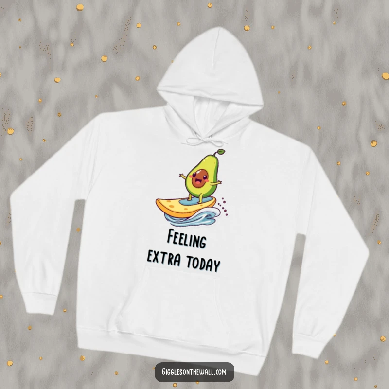 Funny hoodie with an avocado character surfing on a giant chip, a warm and humorous garment for fans of quirky food designs.