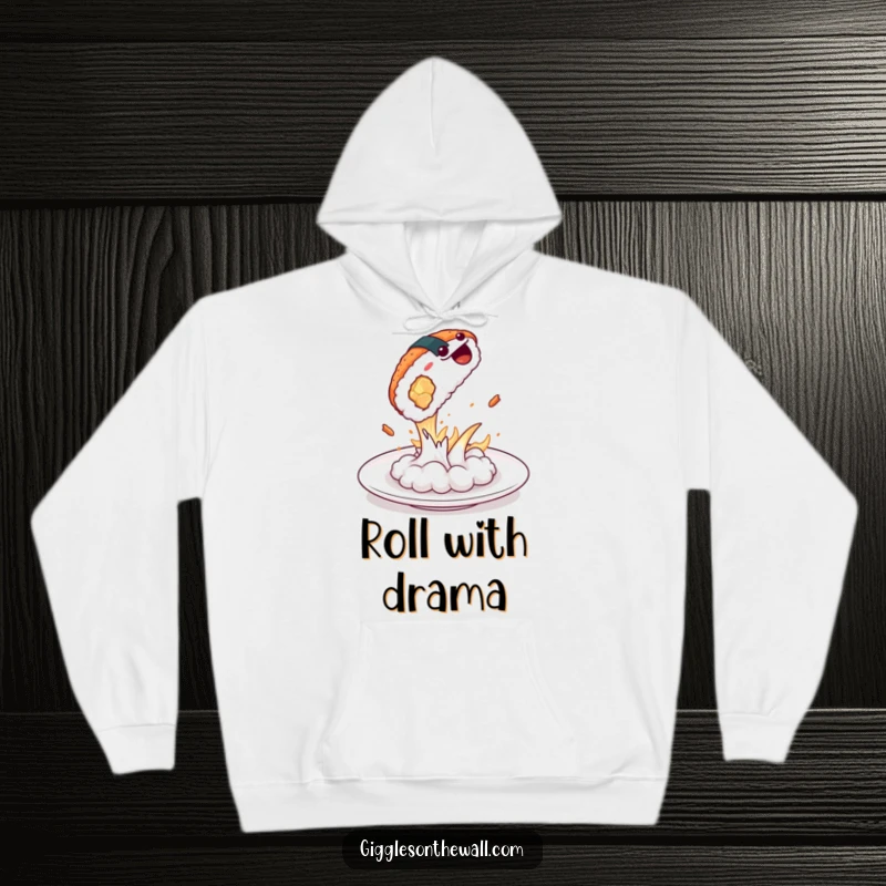 Funny sushi dramatically leaping from a plate on a hoodie, warm and humorous, great funny gift.