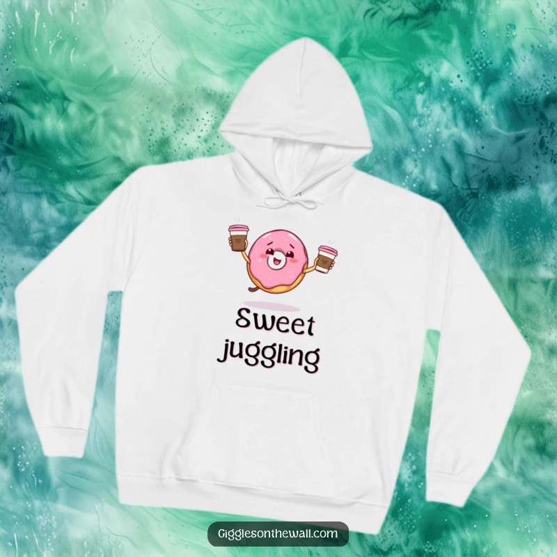 Funny giddy donut juggling coffee cups on a hoodie, warm and humorous apparel, great funny gift.