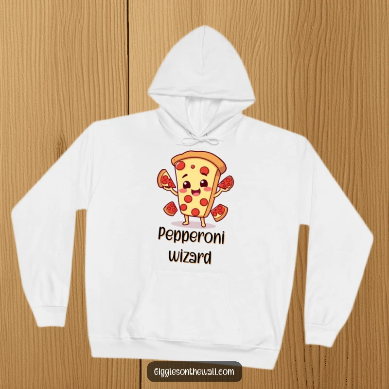 Funny hoodie with a smiling pizza character comically juggling pepperoni slices, offering a warm and humorous apparel choice.