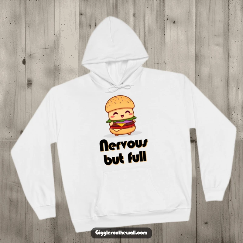 Funny shy hamburger hoodie, a cozy sweatshirt featuring a timid burger character attempting to give a speech.