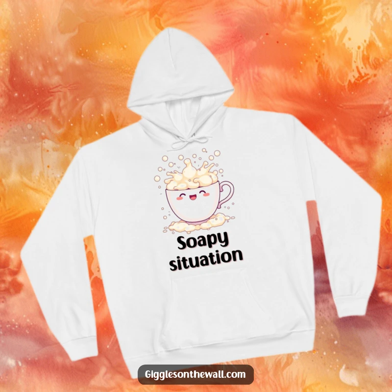 Funny sentient teacup hoodie comically overflowing with bubbles, splashing playfully, a cozy and humorous design.