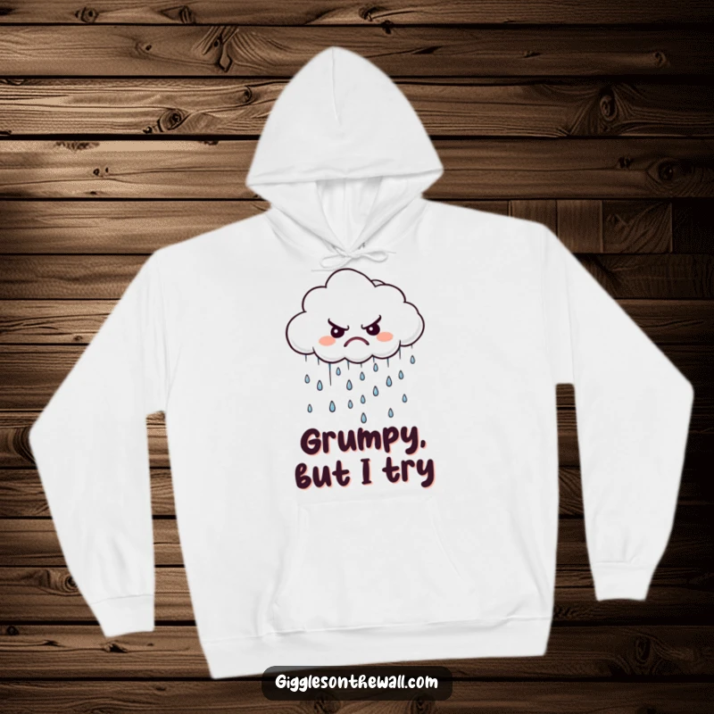 Funny grumpy cloud hoodie, a cozy sweatshirt featuring a displeased cloud raining small, grumpy raindrops.
