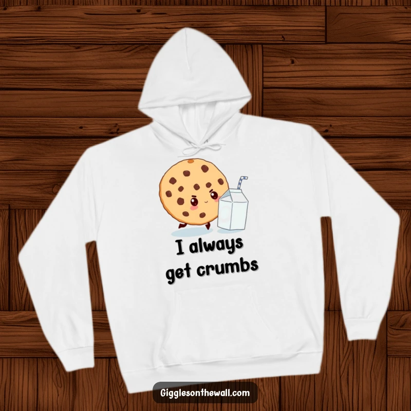 Funny hoodie with a determined giant cookie chasing a tiny milk carton, perfect for cozying up with a humorous snack scene.