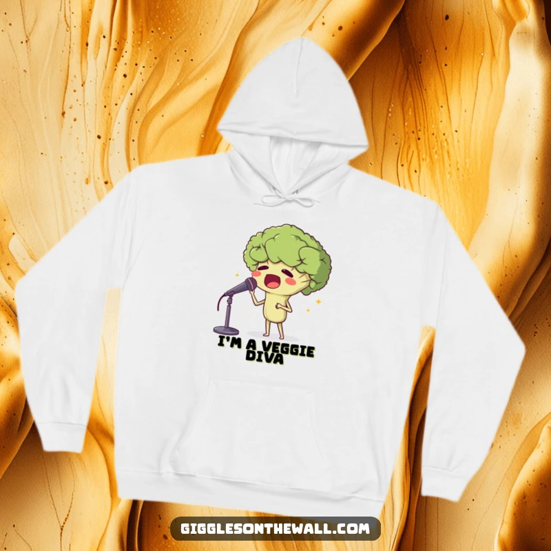 Funny hoodie with a proud broccoli head singing opera into a microphone, perfect for cozying up with a dramatic flair.