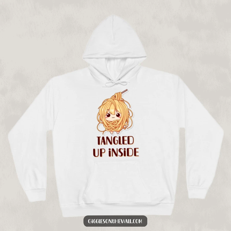 Funny hoodie displaying a bewildered ramen noodle character in a jumbled mess of its own noodles, perfect for chilly days.