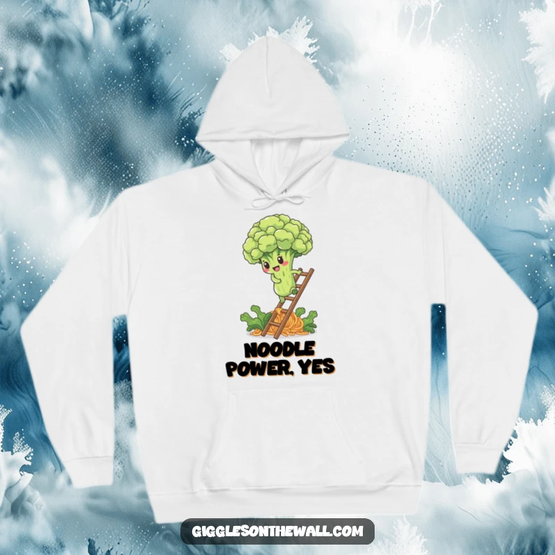 Funny hoodie featuring a determined broccoli floret climbing a noodle ladder, perfect for comfort and motivation.