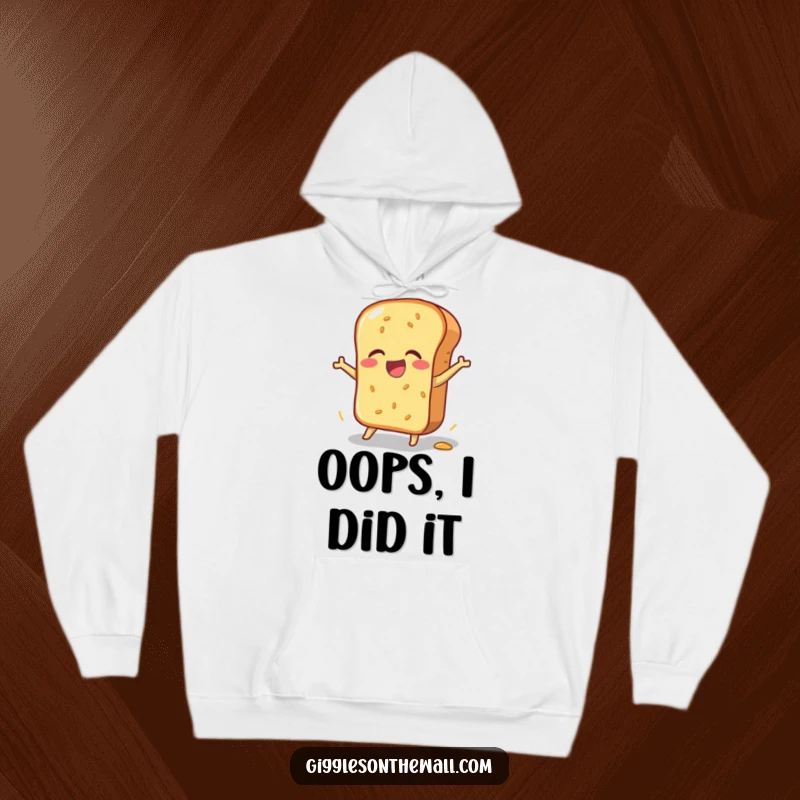 Funny hoodie featuring a bread loaf in a clumsy, joyful pratfall, offering cozy comfort and lighthearted humor, a wonderful funny gift.