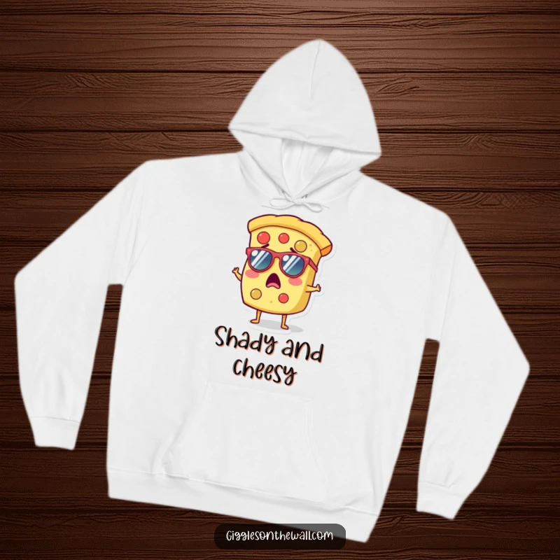 Funny hoodie featuring a surprised slice of pizza wearing tiny sunglasses, perfect for staying warm and stylish.