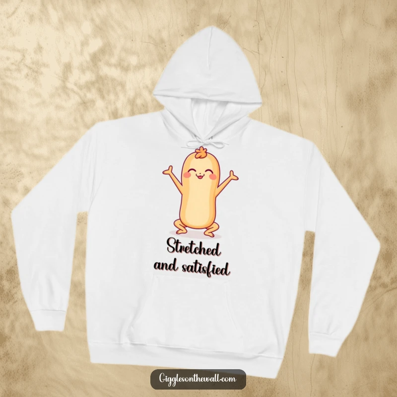 Funny cheerful baguette doing a yoga pose on a hoodie, comfortable and humorous, great funny gift.
