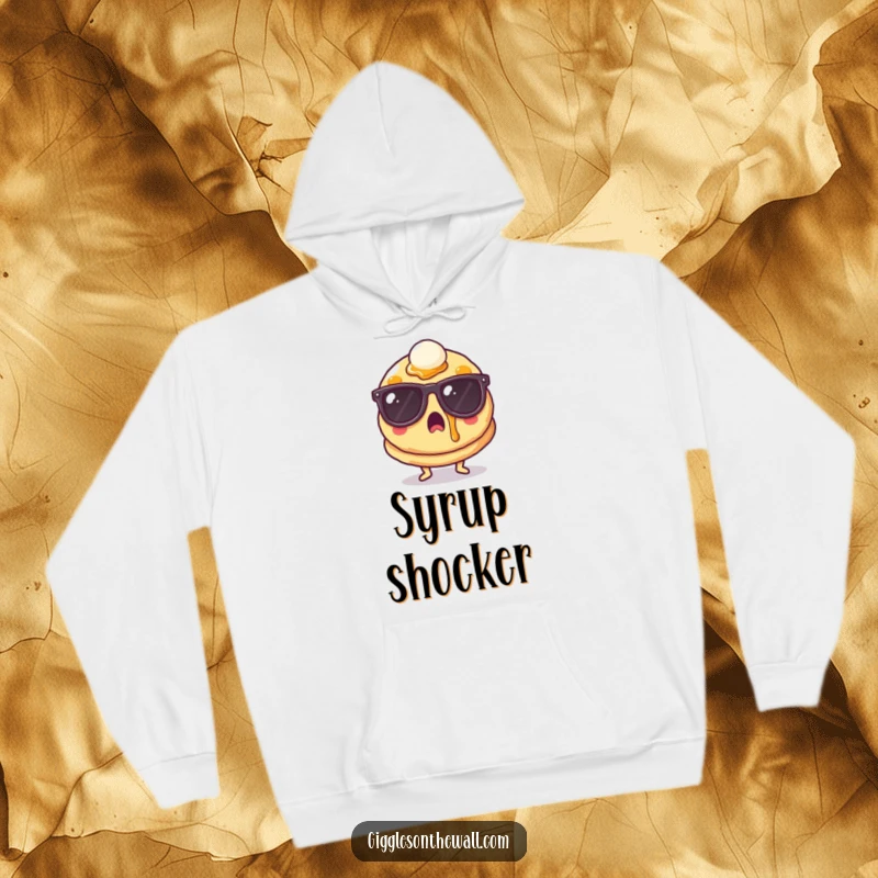 Funny surprised pancake wearing sunglasses and syrup splatters on a hoodie, cozy and comical apparel, great funny gift.