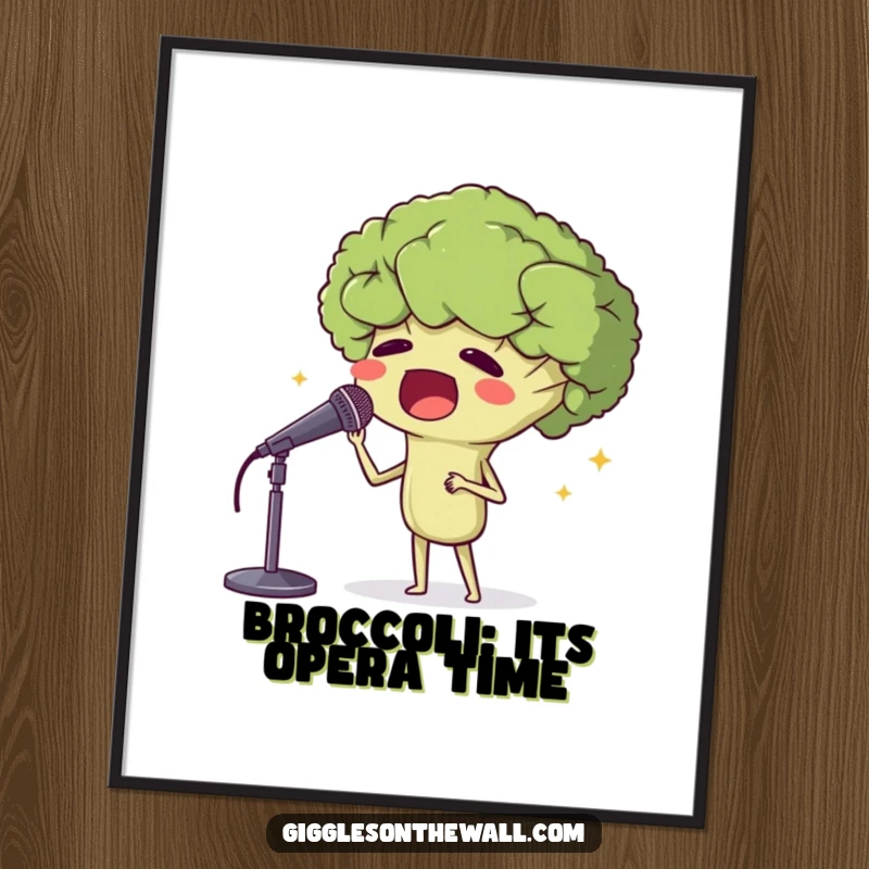 Funny Free Printable Wall Art: A broccoli head in full operatic voice, delivering a powerful and humorous performance on your wall.