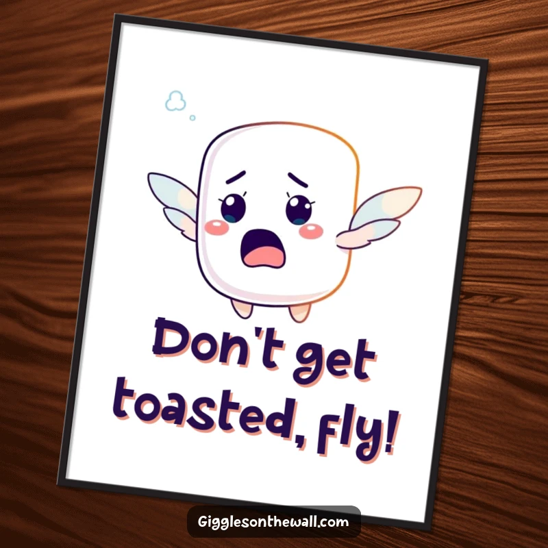 Funny Free Printable Wall Art: A startled marshmallow character attempting to fly with tiny wings, adding whimsical decor.