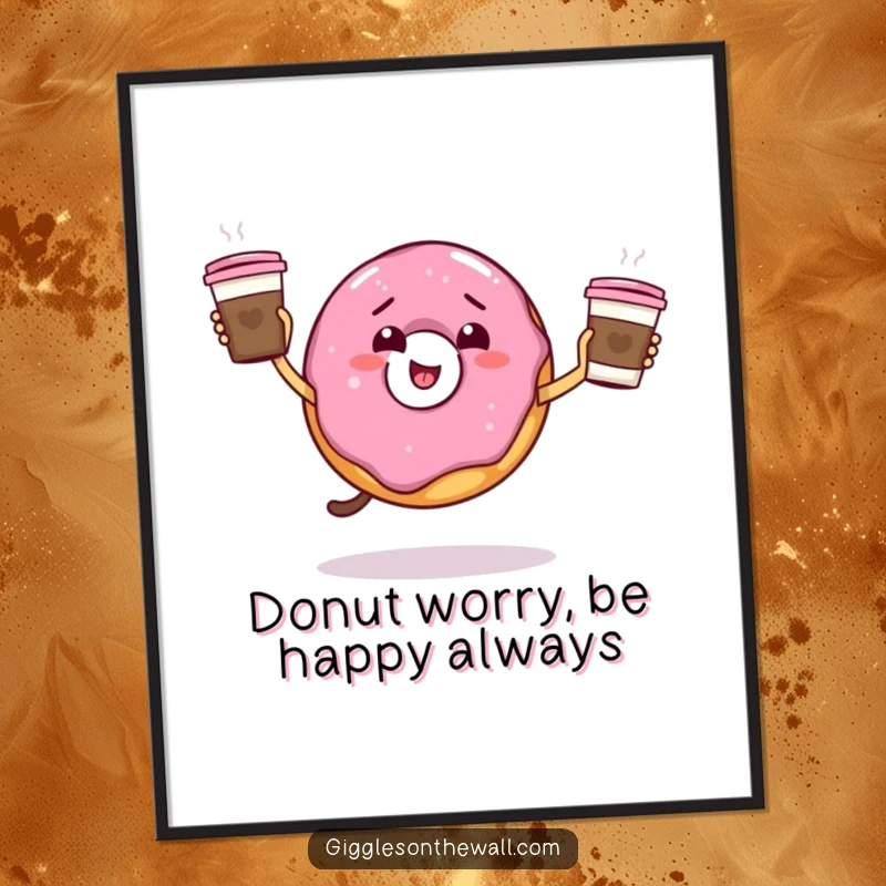 Funny Free Printable Wall Art: A giddy donut is hilariously attempting to juggle multiple coffee cups, bringing energy and humor.