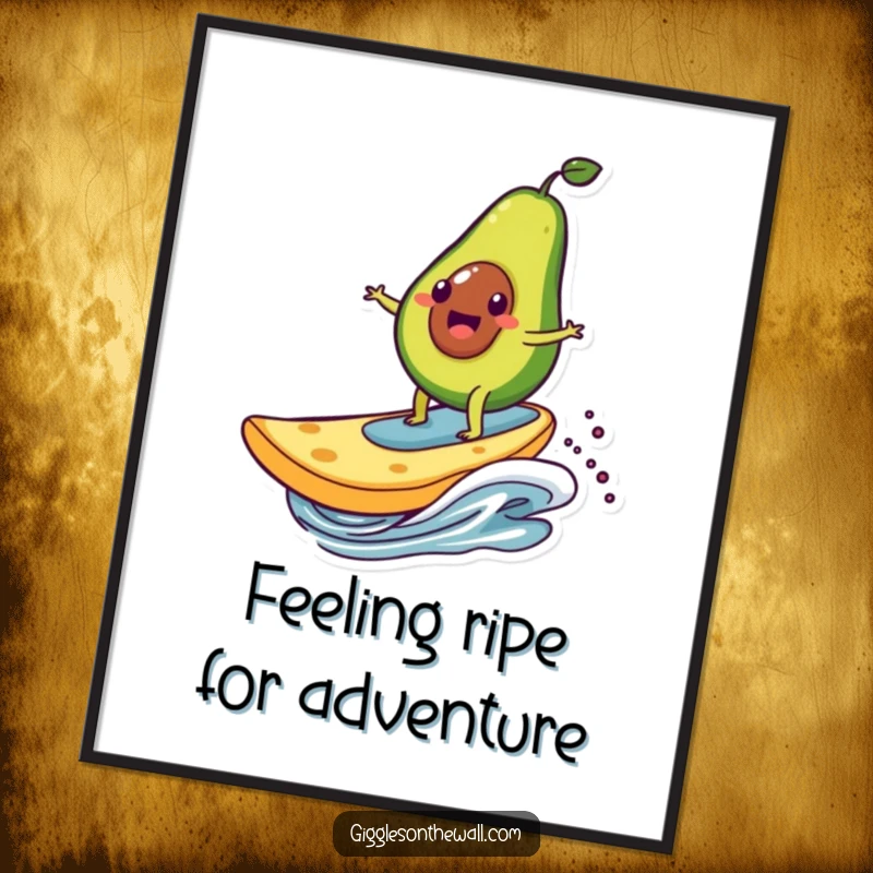 Funny Free Printable Wall Art: A happy avocado character masterfully surfing a giant chip on a dynamic wave.