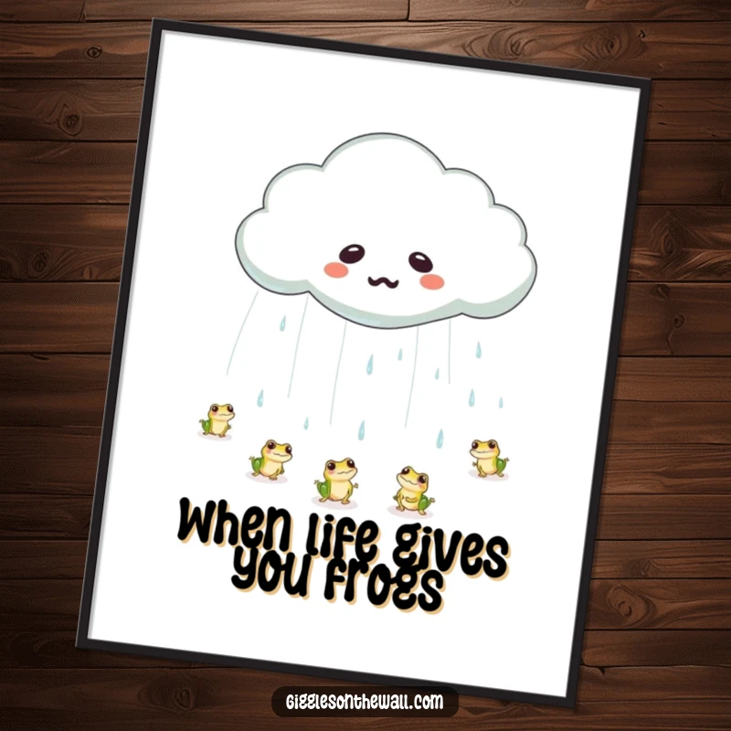 Funny Free Printable wall art of a cloud crying a large tear, raining tiny, bouncing frogs.