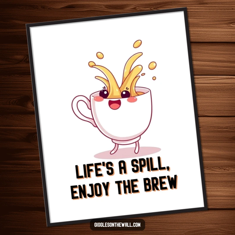 Funny Free Printable Wall Art: A teacup in a comical dance, spilling its contents in a vibrant downloadable art piece.