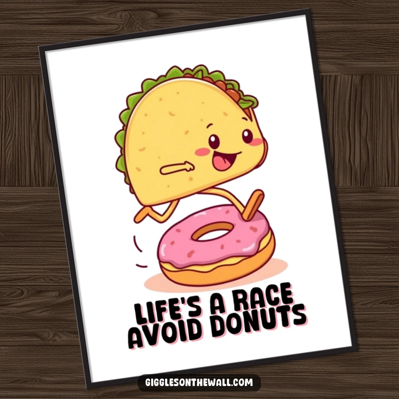 Funny Free Printable Wall Art: A taco with legs runs a marathon, humorously tripping over a donut in a dynamic pose.