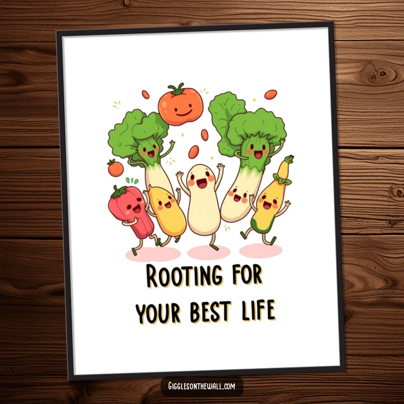 Funny Free Printable Wall Art: Animated vegetables engaged in a chaotic synchronized dance, a humorous downloadable art piece.