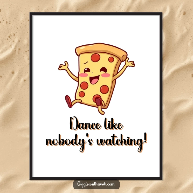 Funny Free Printable Wall Art: A pizza slice with legs performing an extremely enthusiastic and endearingly clumsy dance, a vibrant downloadable piece.