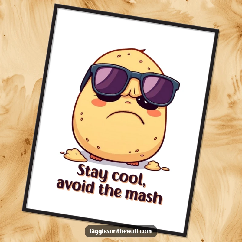 Funny Free Printable Wall Art: A grumpy potato wearing sunglasses, comically trying to escape being mashed, adding a humorous touch.