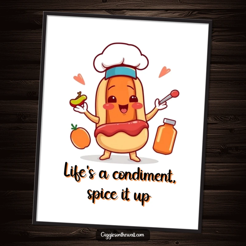 Funny Free Printable Wall Art: A smiling hot dog character in a chef hat juggling condiments with flair.
