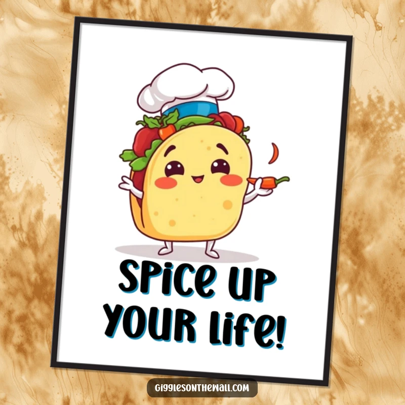 Funny Free Printable Wall Art: A chef taco wearing a hat comically juggles tiny chili peppers, creating a vibrant and amusing downloadable piece.