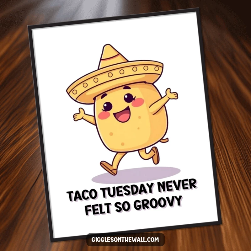Funny Free Printable Wall Art of a taco wearing a sombrero and masterfully attempting a moonwalk