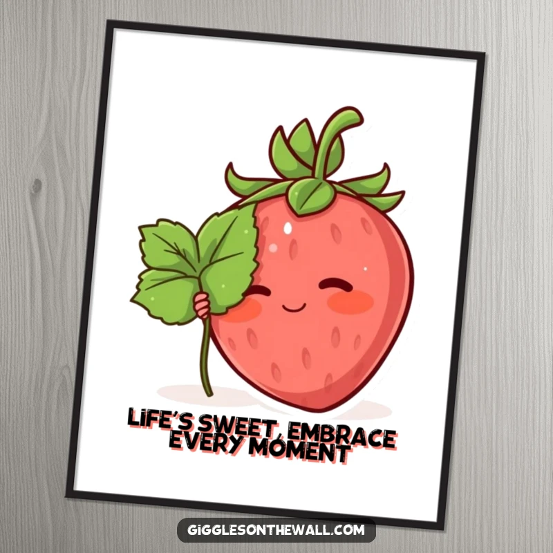 Funny Free Printable Wall Art: A blushing strawberry character hiding shyly behind a small green leaf.