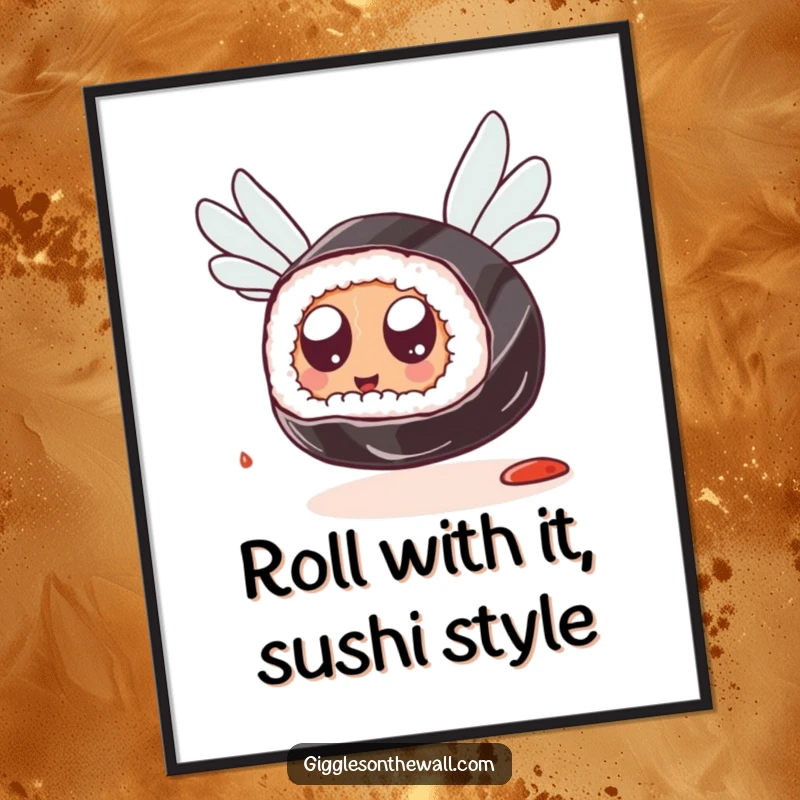 Funny Free Printable Wall Art: A sushi roll with googly eyes, attempting to fly using soy sauce packets, creating a comical scene.