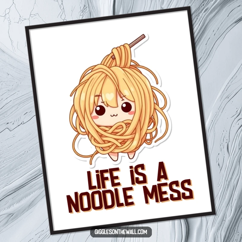 Funny Free Printable Wall Art: A bewildered Kawaii ramen noodle character hilariously tangled within its own noodle strands.
