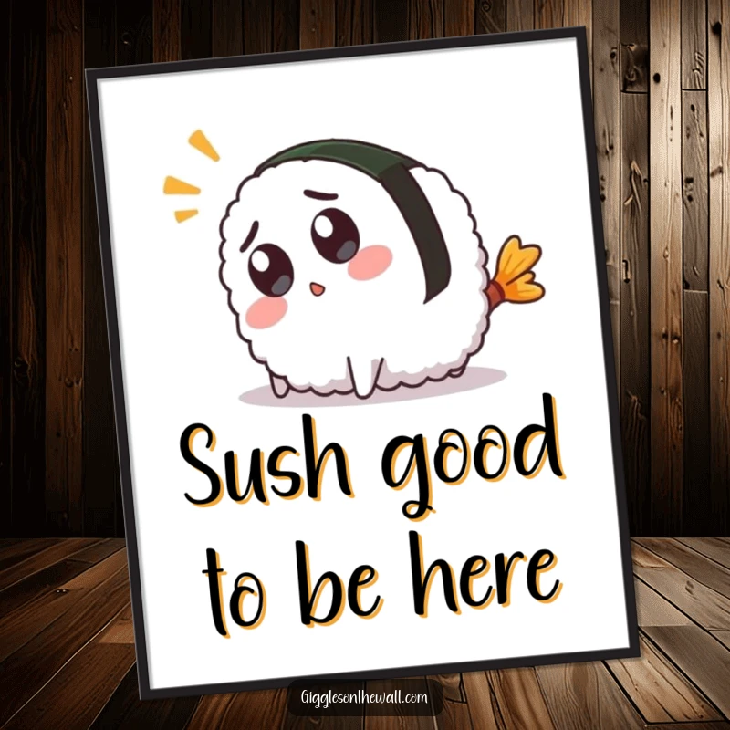 Funny Free Printable Wall Art of a surprised sushi character hilariously tripping over its tail.