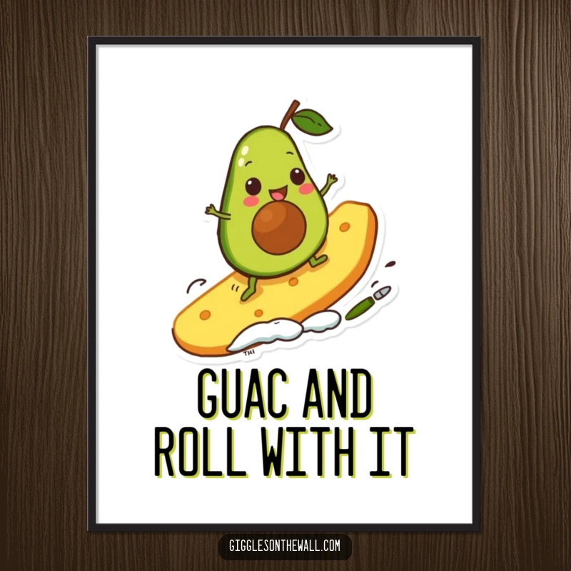 Funny Free Printable Wall Art: Quirky avocado character confidently surfing a giant chip, ready for adventure.