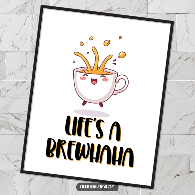 Hilarious free printable wall art of a teacup dancing madly and spilling its contents in a comical, energetic flourish for quirky decor.