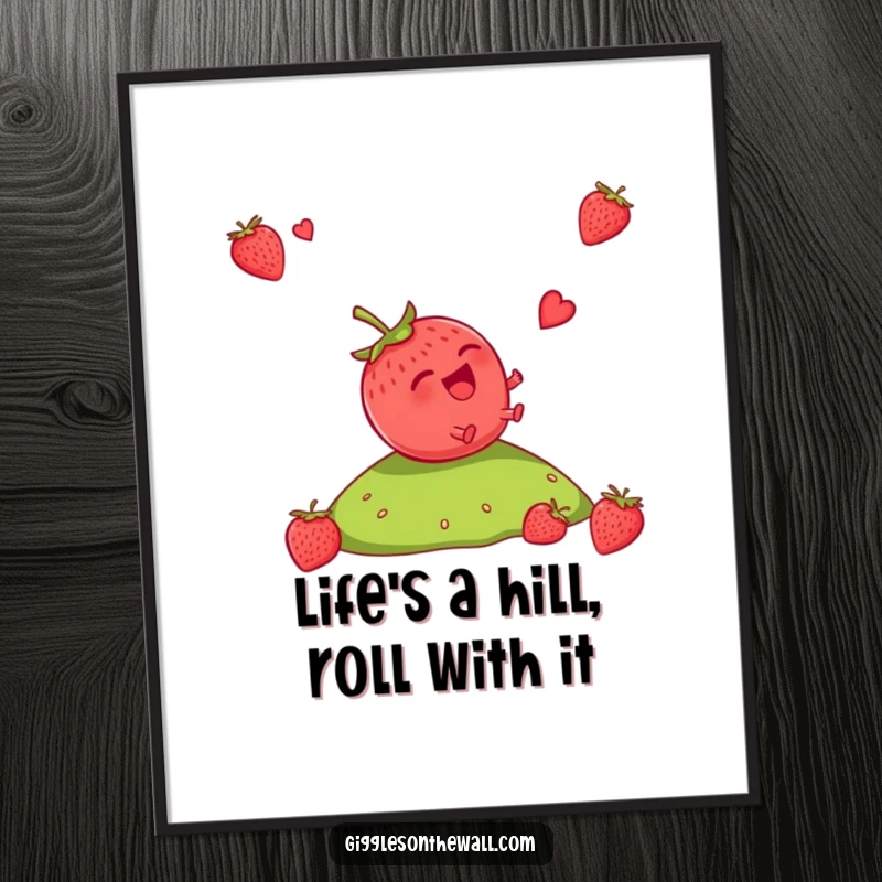 Funny Free Printable Wall Art: A strawberry laughing uncontrollably as it tumbles down a grassy hill with pure glee.