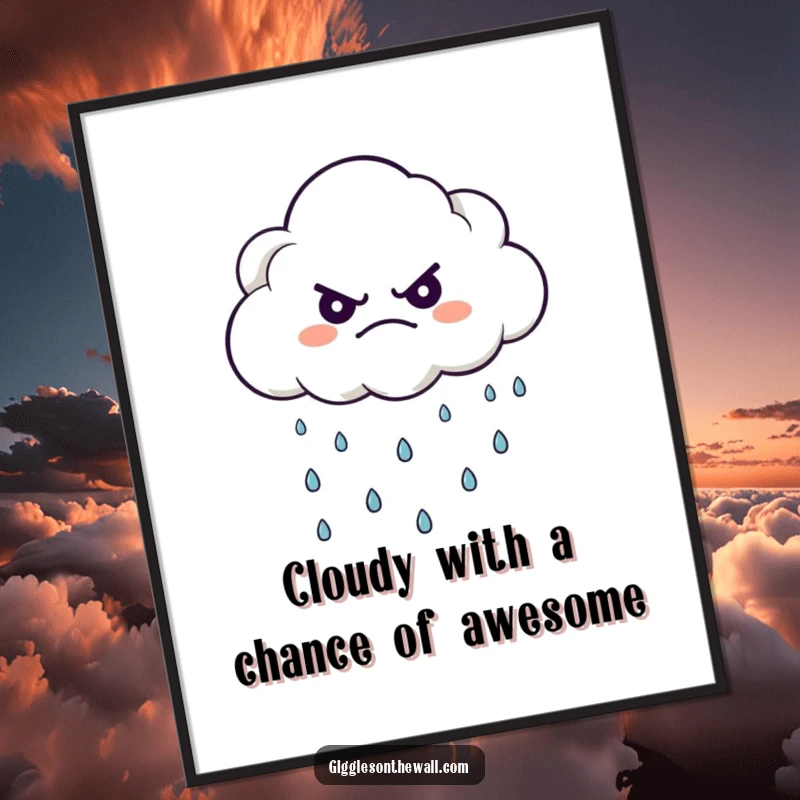 Funny Free Printable Wall Art: A grumpy cloud character humorously rains down tiny, happy raindrops, adding charm to any space.