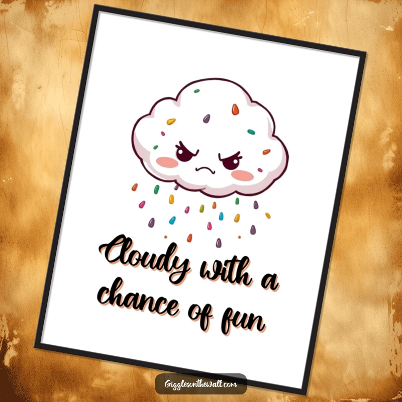 Funny Free Printable Wall Art: A grumpy cloud character unexpectedly showering a vibrant mix of colorful sprinkles.